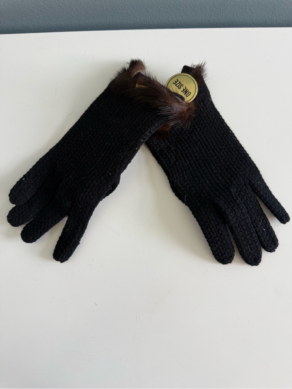 Vintage 1960s 1970s Aris Knit Fur Trim Black Gloves